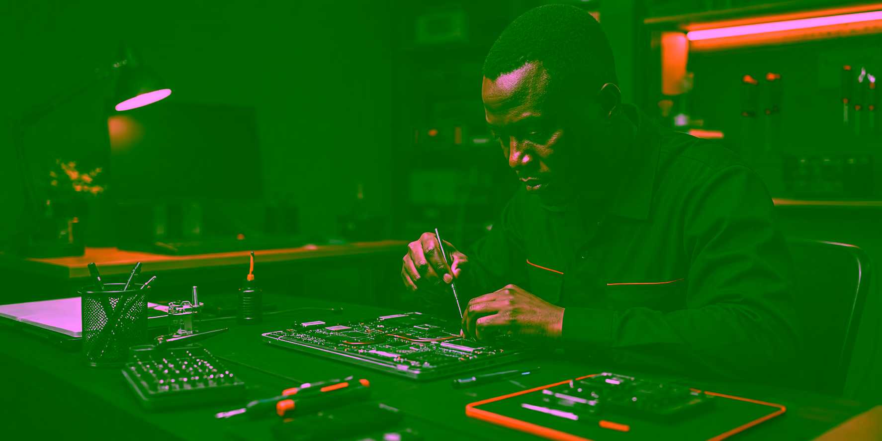 A professional Ghanaian technician diagnosing a laptop at a clean repair bench